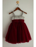 Beaded Gray Satin Burgundy Tulle Stunning Flower Girl Dress